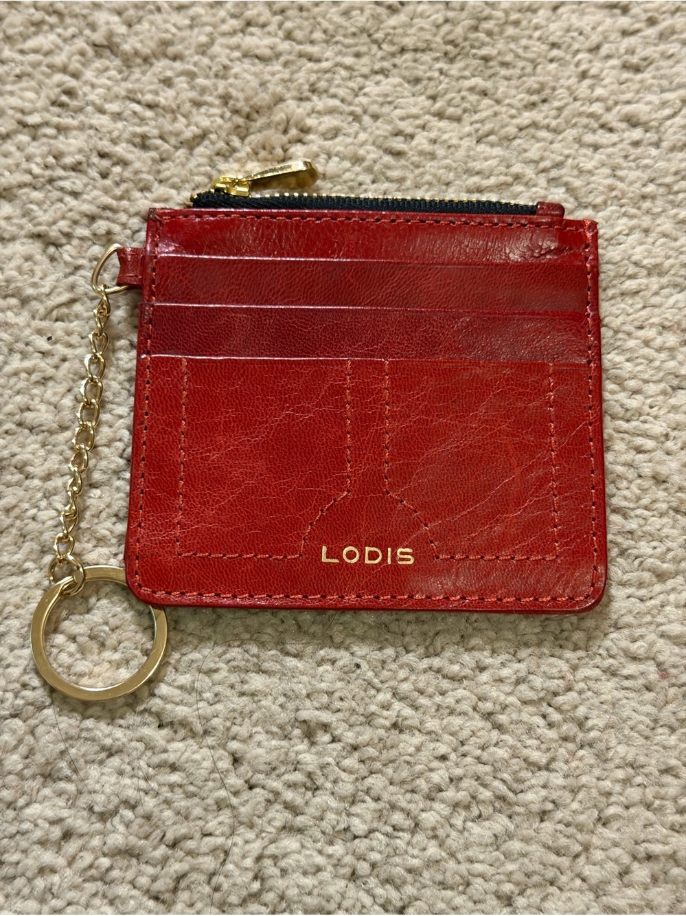 Lodis Red Leather Card Case with Gold Key Chain